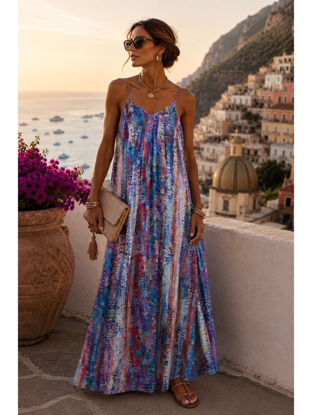 Nicole Miller Watercolor Print Flowy Maxi Dress Built-In Bra Size S